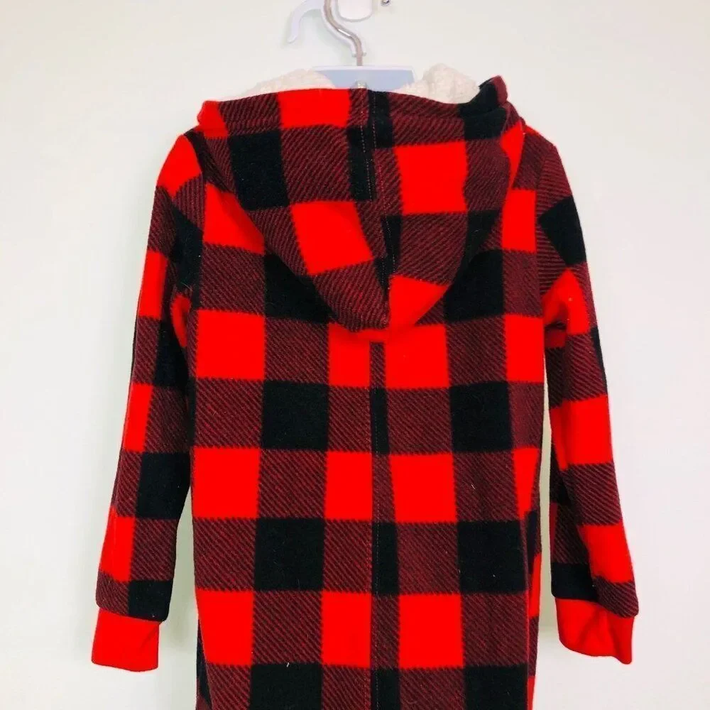 Gymboree Girls 5-6 Pajamas Red Buffalo Plaid Winter One Piece Open Foot Hooded